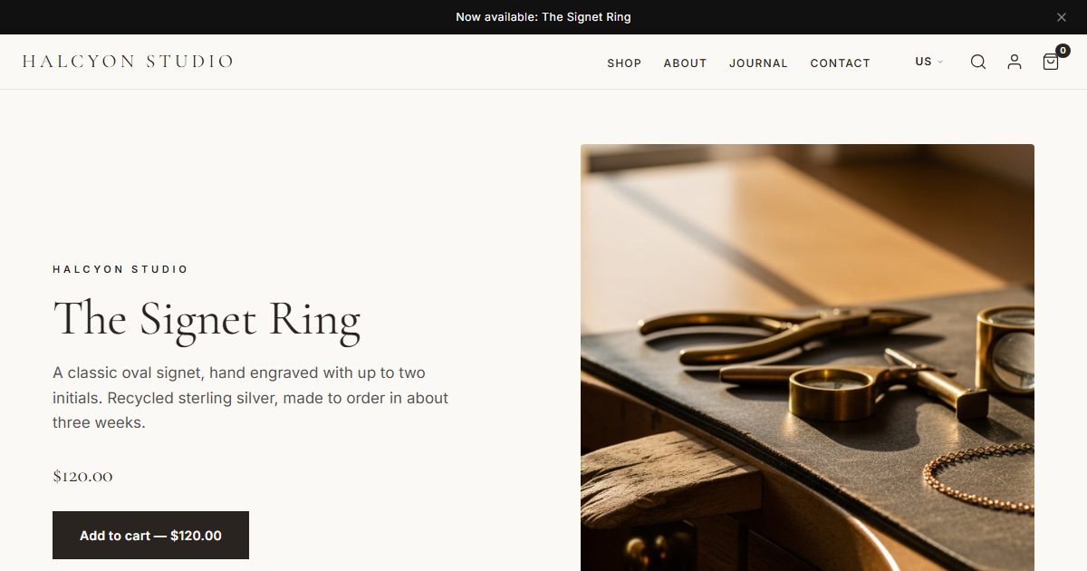 Halcyon Studio storefront, Luxe Accessories style
