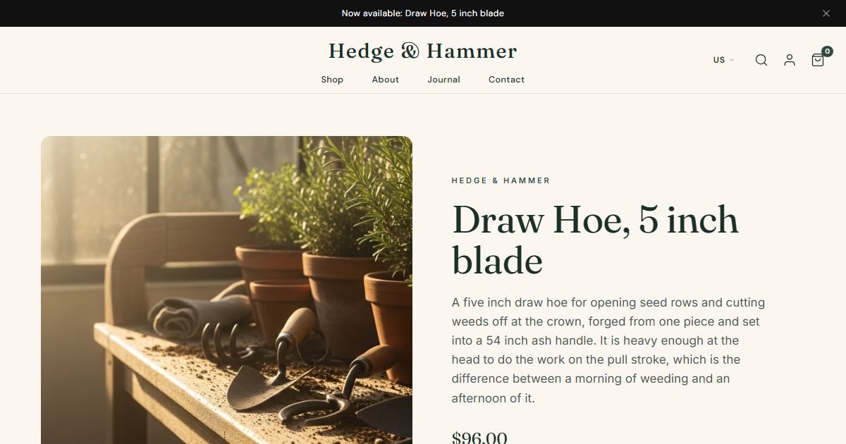 Hedge & Hammer storefront, Warm Artisan style